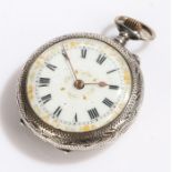 Ladies continental silver open face pocket watch, the white dial with Roman numerals and gilt scroll