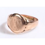 9 carat gold signet ring, the head with feint initials, ring size U1/2, 4.7g