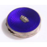 George VI silver compact, Birmingham 1939, maker John William Barrett, the blue swirled enamel