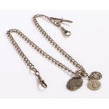 Silver pocket watch chain with T bar and three hanging religious pendants, 48cm long, gross weight