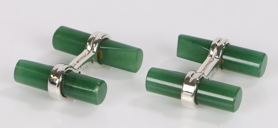 Pair of jade and silver cufflinks, with chamfered ends