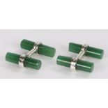 Pair of jade and silver cufflinks, with chamfered ends