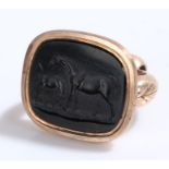 Gold coloured metal fob seal, the seal carved with a mare and foal, gross weight 18.2g