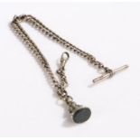 Silver pocket watch chain with T bar and hanging fob seal, 27cm long, gross weight 1.1oz
