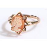 9 carat gold cameo ring, the cameo depicting a female head in profile, ring size 1/2, 2.2g