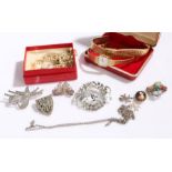 Costume and silver jewellery, to include two gilt ladies wristwatches, brooches, necklaces etc. (