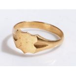 18 carat gold signet ring, with vacant shield shaped head, ring size M, 2.4g