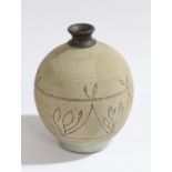 Studio pottery vase, with raised stylised foliate decoration, feint foliate stamp to the base, 16.