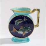 Joseph Holdcroft Aesthetic Movement majolica jug with moulded bamboo effect handle, the turquoise