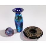 Caithness Pebble paperweight, Gozo Glass vase with blue mottled decoration, purple glass candle