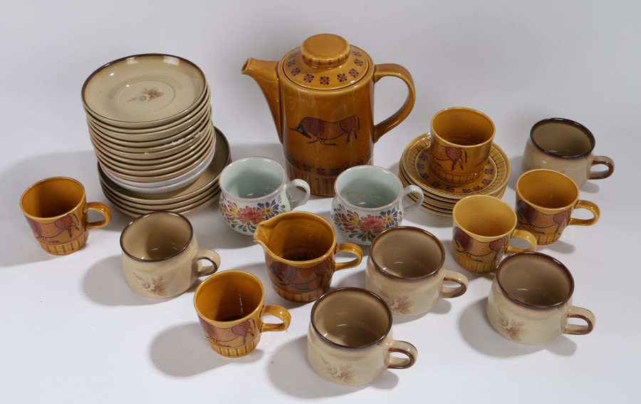 A Pallisy Taurus coffee service, together with Denby plates, saucers, cups, (Qty)