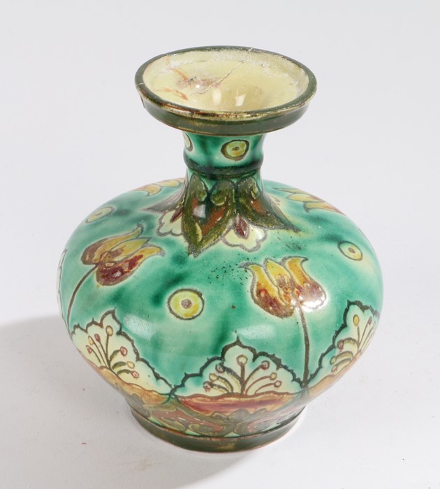 Della Robbia, vase with Arts and Crafts stylised foliate design, in green and yellow glaze,