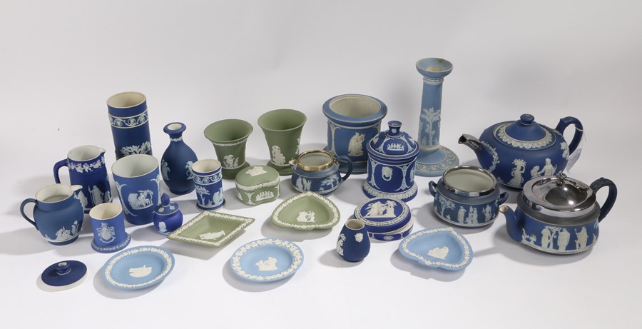 Collection of Wedgwood jasper ware, to include a a silver plate mounted three piece teaset, a