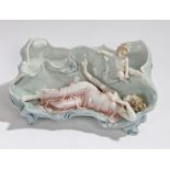 Art Nouveau porcelain planter, the shaped dish with a raised depiction of a reclining lady and