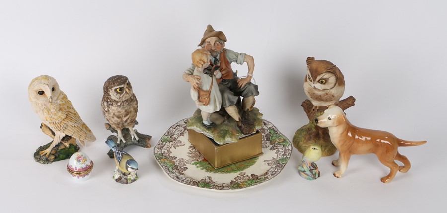 Two Royal Worcester birds, 'Blue Tit' and 'Wood Warbler', together with three various owls to