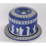 Wedgwood blue Jasperware cheese dish and cover, decorated with classical figures, oak leaves and