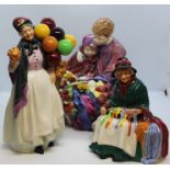 Royal Doulton figures, Biddy Penny Farthing HN1843, Flower Sellers Children HN1342, SIlks and