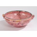 Wardle Grecian porcelain bowl, with puce marble effect decoration, the reeded scroll handles above a