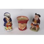 Allertons Staffordshire Toby jug, a Royal Doulton Toby jug, "Cardinal", and a Melba ware Toby jug,