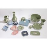 Collection of Wedgwood jasper ware china to include a fruit bowl, vases, jug, pin dishes, various