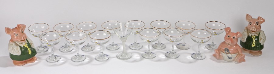 Set of fourteen Babycham glasses, together with a twisted stem Babycham glass, and three Wade