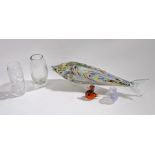 Murano style glass fish, with mottled yellow, blue, and red decoration, 57cm long, together with a