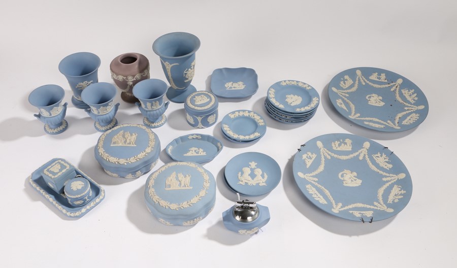 Collection of Wedgwood Jasperware, to include vases, ashtrays, table lighter, a box and cover of