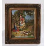 19th Century oil on canvas, feeding the ducklings, housed in a gilt and glazed frame, the oil 24cm x