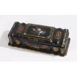 Victorian papier mache glove box, the hinged lid (AF) with mother of pearl inlay and gilt decoration