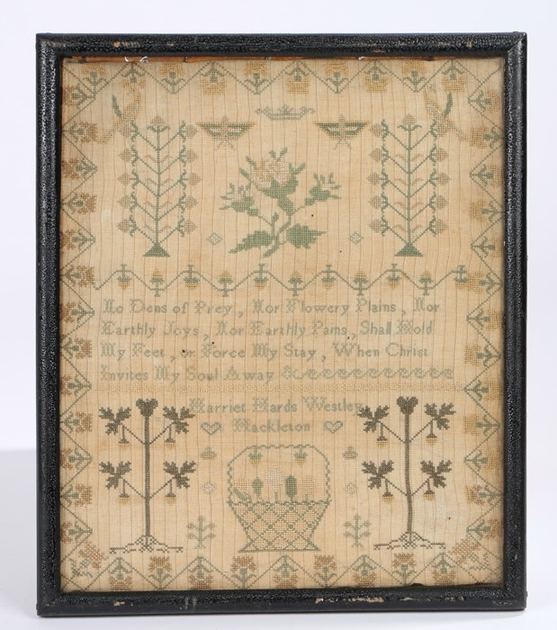 19th Century needlework sampler, with central verse surrounded by foliage and a basket, inscribed - Image 2 of 2