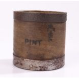 Country made bent wood and metal banded pint measure, stamped to body, 10.5cm high, 10.5cm diameter