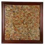 19th Century embroidered panel, the large bright panel with a central design of a cluster of