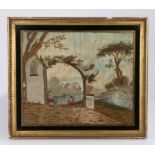 George III silk work picture, depicting primitive figures under an arch by a river, 42cm x 36cm
