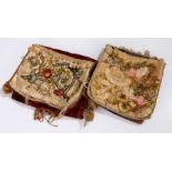 Two 19th Century crewel work decorated bags, the red and blue velvet bags with foliate embroidered