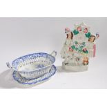 19th Century Davenport blue and white basket with matching dish/stand, each depicting a landscape