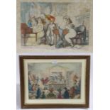 Two coloured prints, the first 'The Rivals', after Thomas Rowlandson, housed within an ebonised