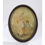 Early 19th Century oval silk work picture, of a lavender seller and child, 22cm x 29cm. Provenance