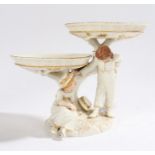 Royal Worcester porcelain comport, the two circular dishes supported with figures in the form of