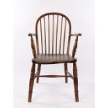 Oak and elm Windsor armchair, the arched back above a row of spindles and solid seat