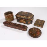 Persian papier mache items, to include a pen box, a rectangular box with canted corners, a