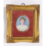 19th Century portrait miniature by Etta Middleton, depicting a young lady wearing a white dress