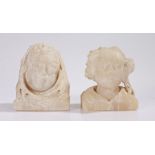 Pair of 19th Century alabaster carvings, depicting a figure with a flower and a figure wearing a