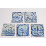 Five Dutch Delft tiles, in blue and white with various scenes, one in half, (5)