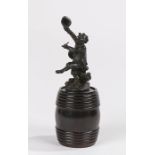 18th Century bronze and lignum vitae tobacco box, the finial modelled as a bronze drunken figure