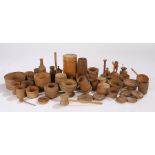 Collection of late 19th Century Swiss miniature treen containers and tools, to include dishes,
