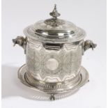 Silver plated biscuit barrel, the hinged lid and circular body with engraved decoration and vacant