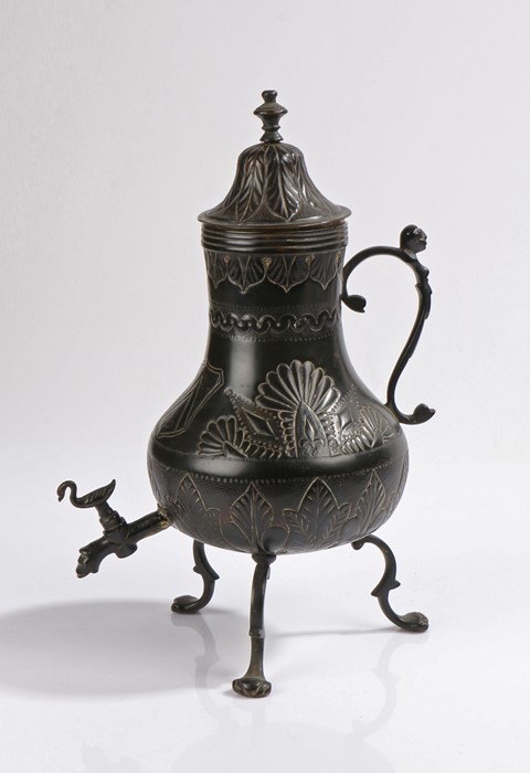 Unusual 19th Century copper pot, with a finial top above a bulbous body, embossed fan and fleur de