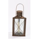 Triangular metal candle lantern, with three glass panels and swing handle, 28.5cm high