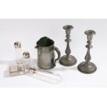 Pair of pewter candlesticks, each with knopped columns and raised on circular feet, together with