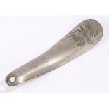 Metal shoe horn with engraved boot and shoe decoration 16cm long